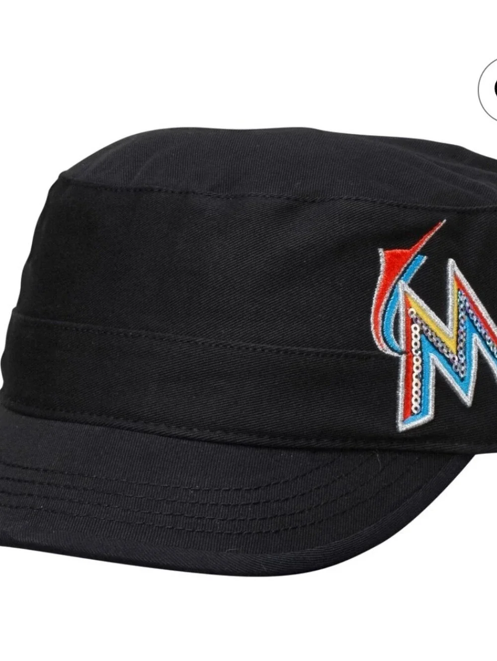 Women's Miami Marlin's '47 Brand Cabaret Cadet Black Hat With Sequin M Logo OS